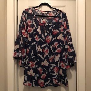 Avenue Sheer Flower Flutter Sleeve Blouse